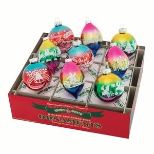 Christopher Radko Shiny Bright Ombre Rainbow flocked Christmas Ornament set of 9